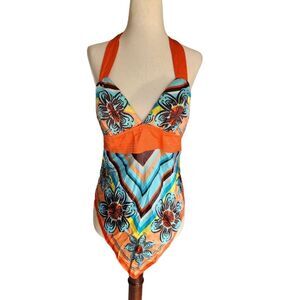 Floral Halter Top - Orange and Blue